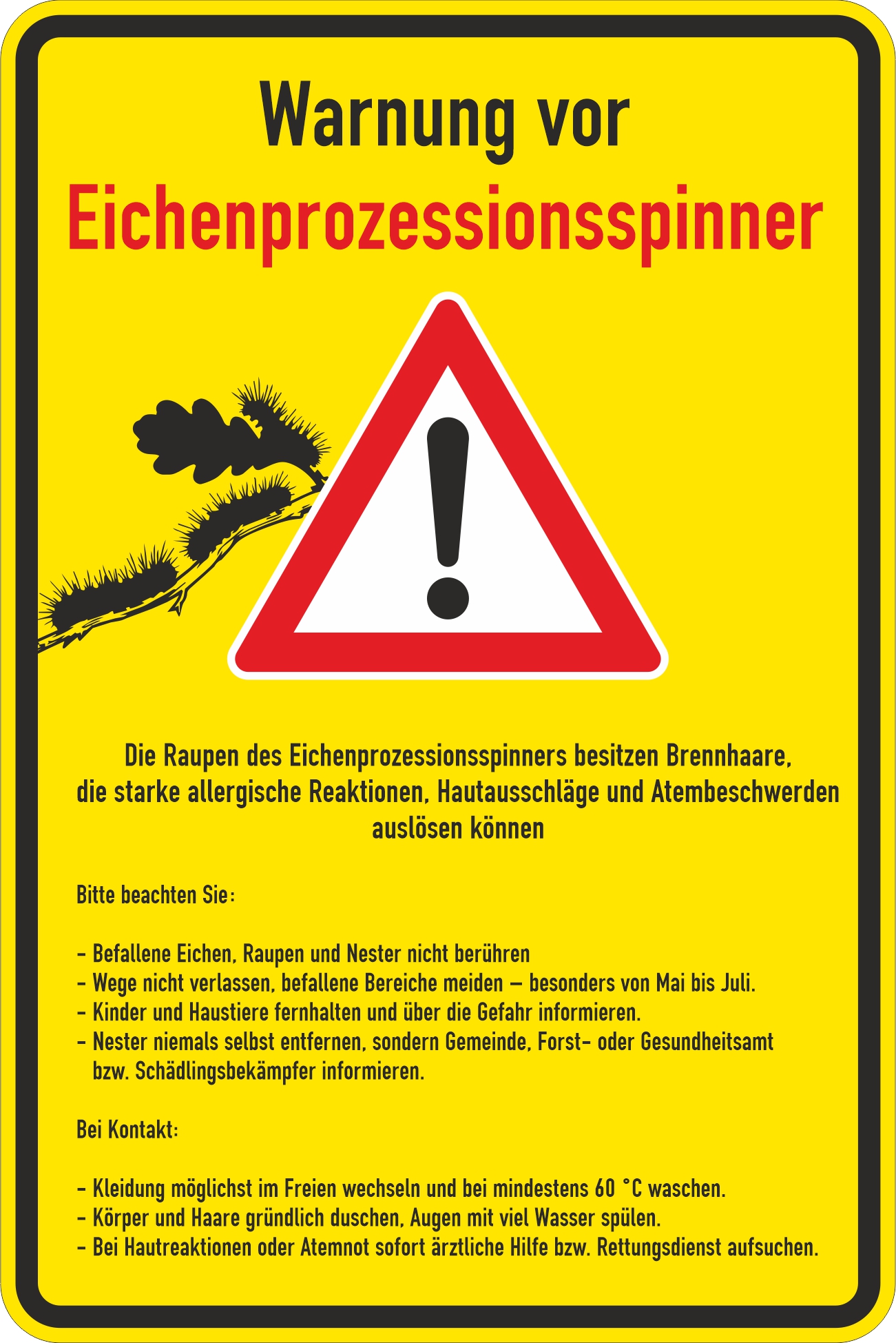 Informationsschild Eichenprozessionsspinner (gelb) – ausführliche Warnhinweise